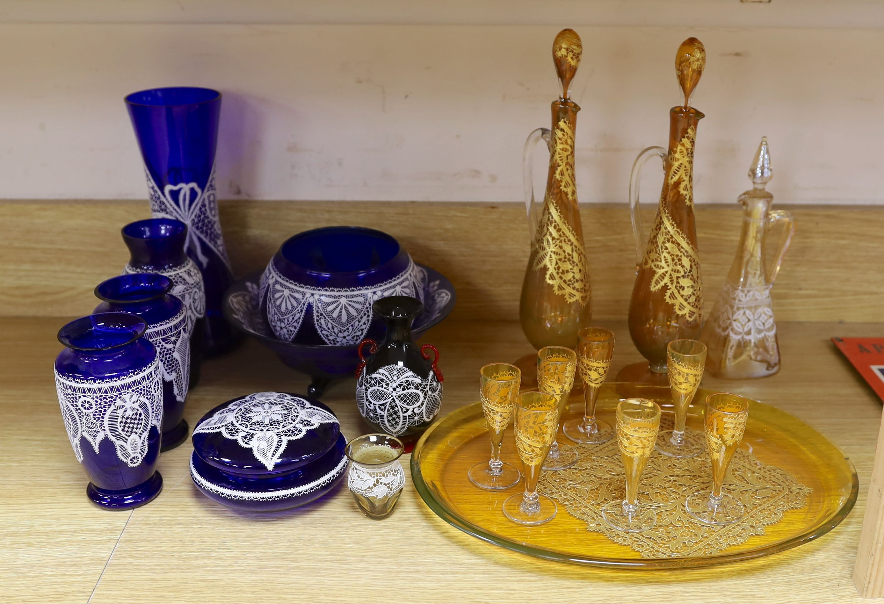 Selection of Venetian lace-pattern coloured glassware including an amber liqueur set